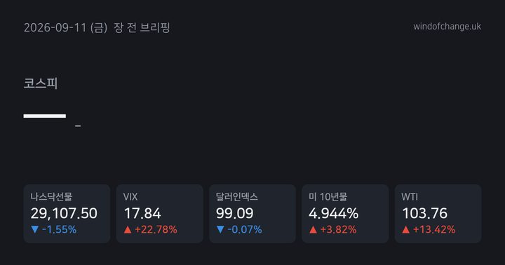 📈 2026년 9월 11일 (금) 장 전 브리핑